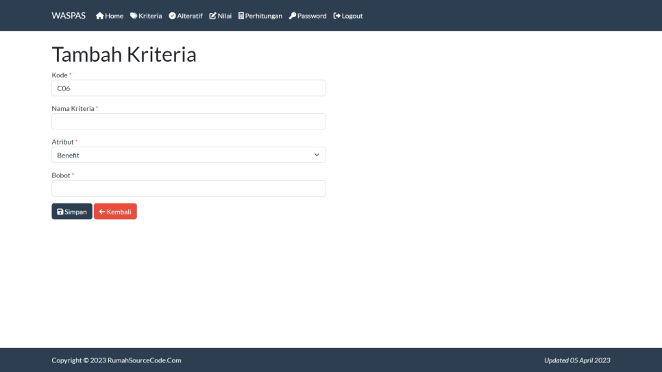 WASPAS PHP Kriteria Tambah