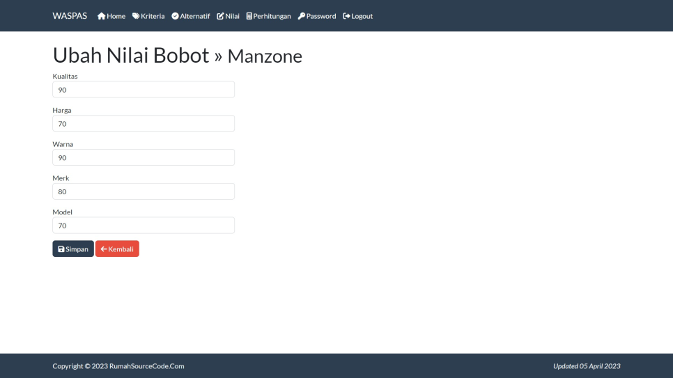 WASPAS PHP Nilai Alternatif Ubah