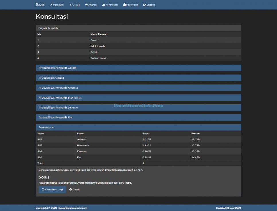 Source Code Sistem Pakar Metode Bayes PHP Hasil Analisa