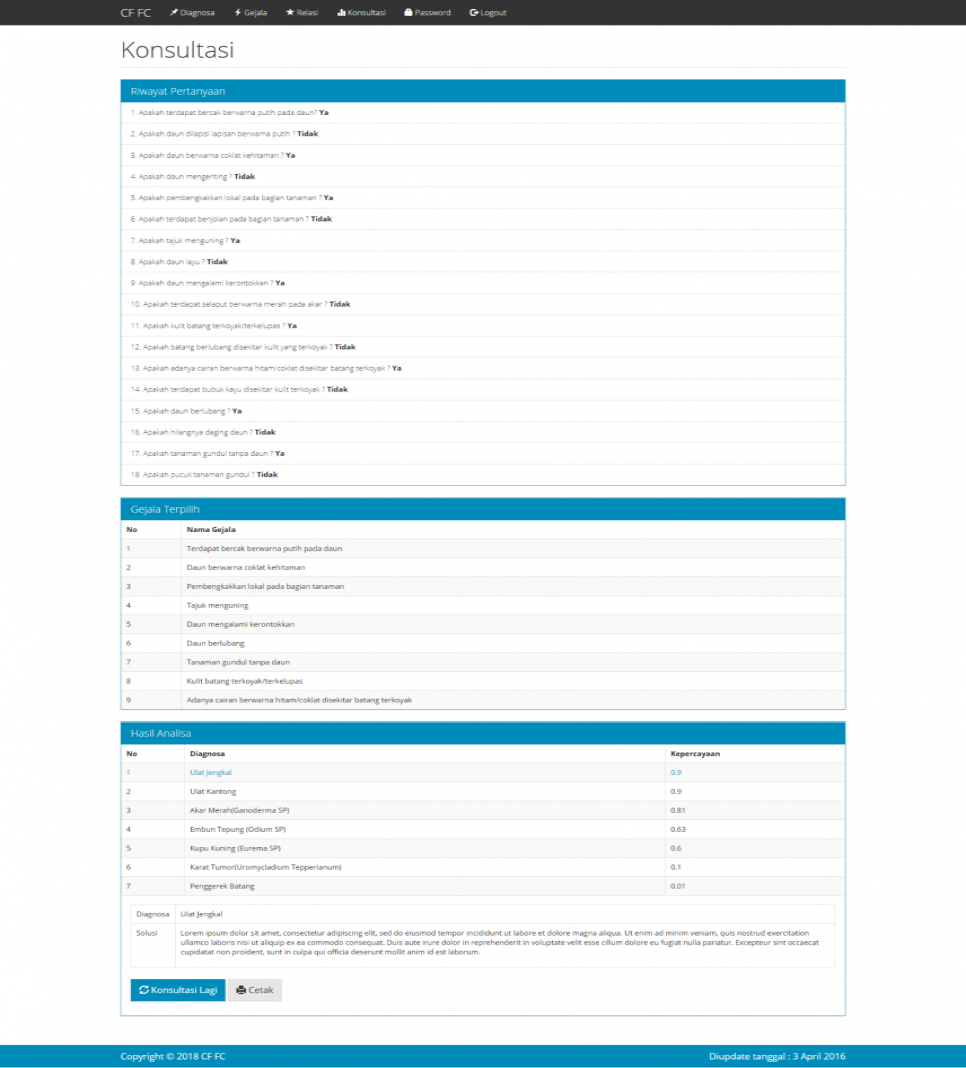 Source Code Sistem Pakar Certainty Factor Forward Chaining PHP Hasil
